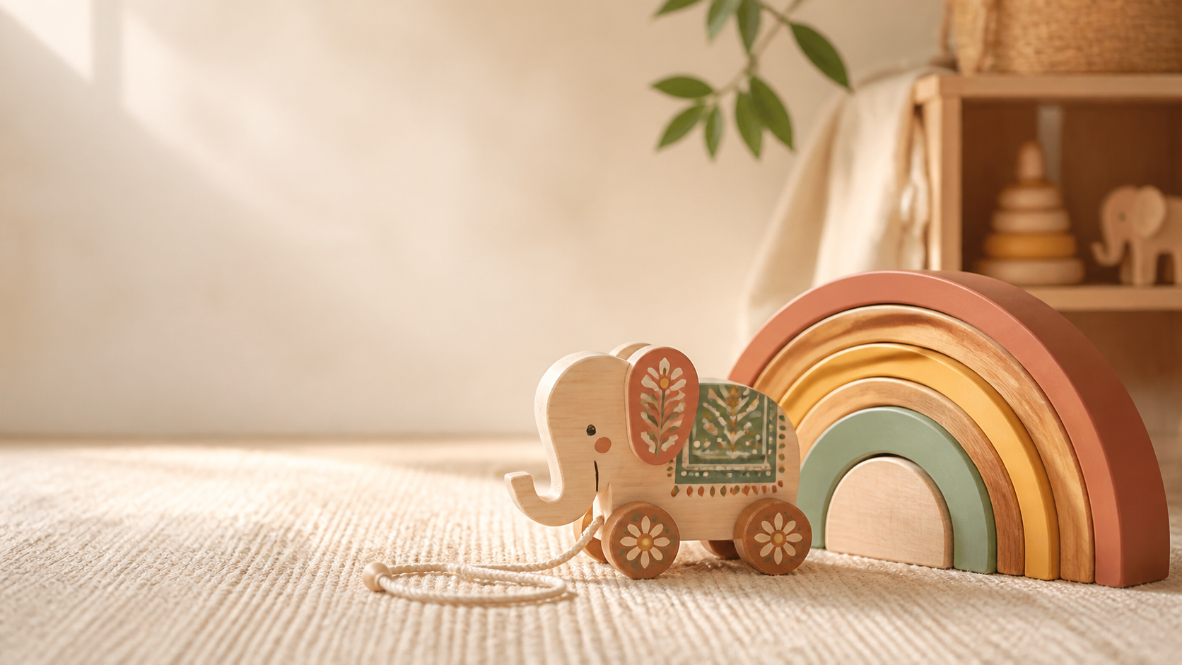 Handcrafted wooden elephant pull-along toy and wooden rainbow